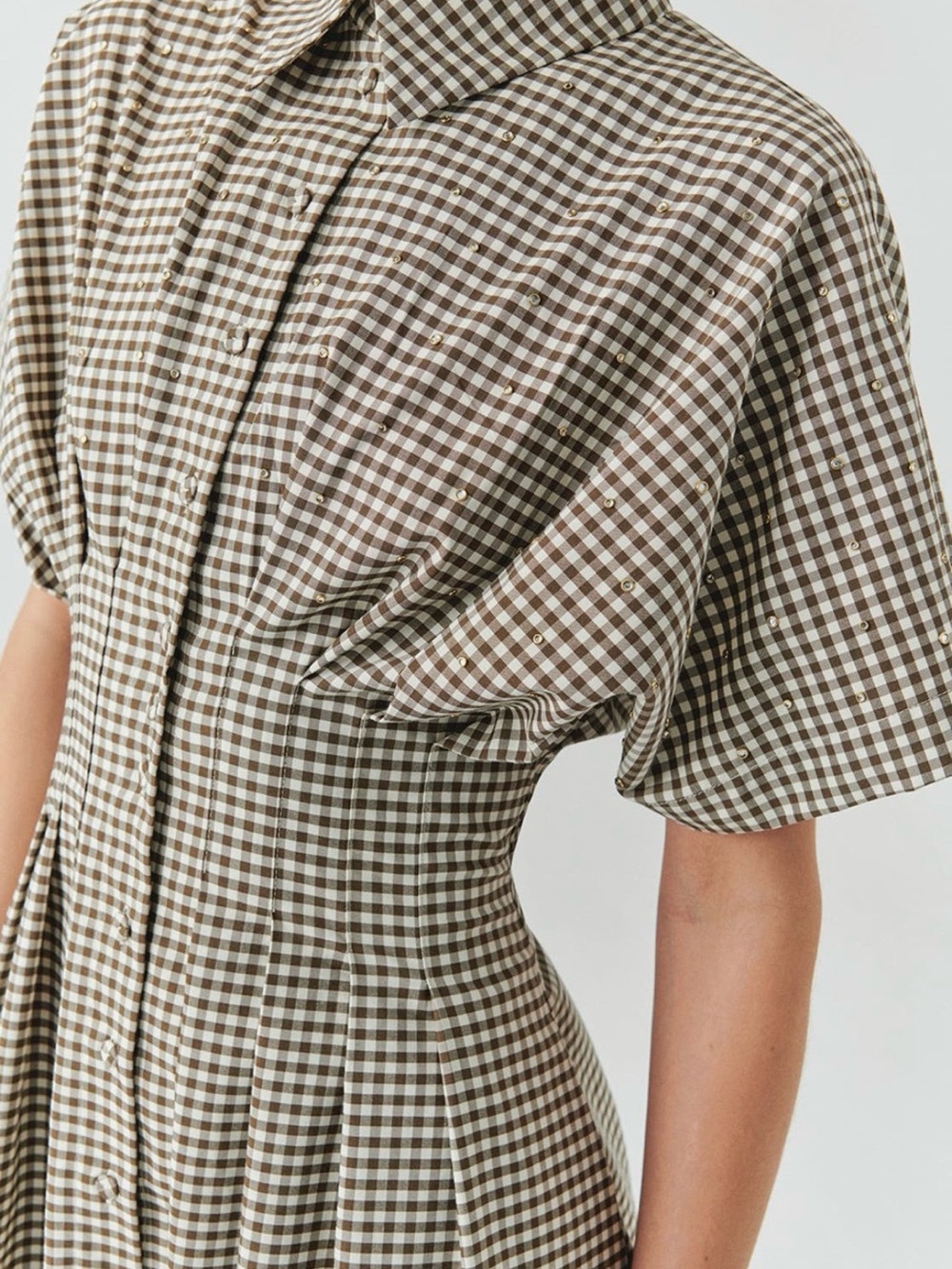 Anthropologie Exquise Tobie Studded shirt dress in brown and white gingham. S. - Picture 4 of 13